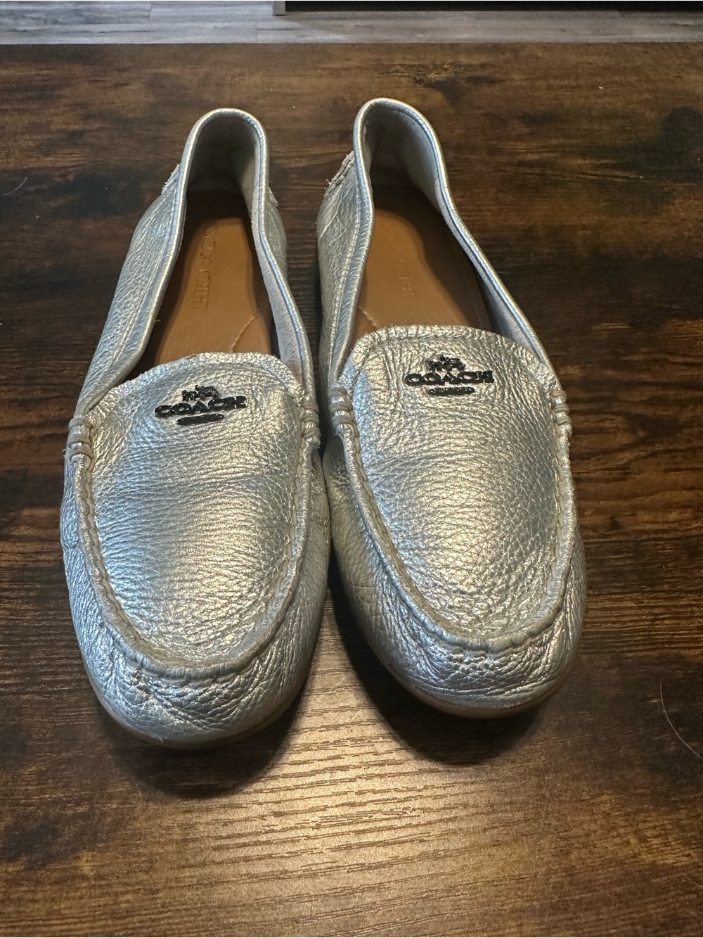 Coach Metallic Silver Leather Driving Loafers